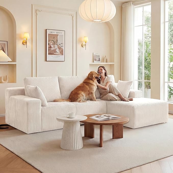 GRUSIGN Cloud Sectional Boneless Couches for Living Room, Modular L Shaped Couch with Deep Seat Oversized Right Facing Chaise, Memory Foam Compressed Spineless 3 Seater Sofa for Apartment, Beige