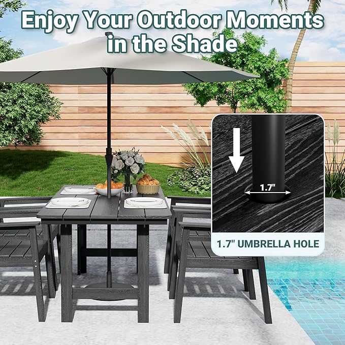 Pamapic 5-Piece Outdoor Dining Set, HDPE Outdoor Rectangular Table and 4 Chairs, Wood Grain Patio Furniture Sets with Armrest, All-Weather Patio Dining Table with Umbrella Hole, Black