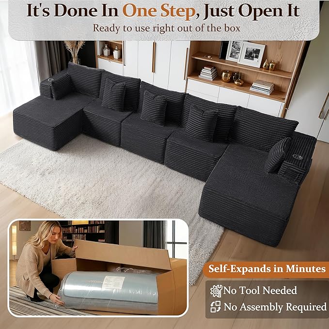 168" Cloud Sectional Couch, Comfort U Shaped Sofa for Living Room, Extra Deep Seats No Assembly, Minimalist Modular Couch, Corduroy (Black, 7 Seats,U-Shape C)