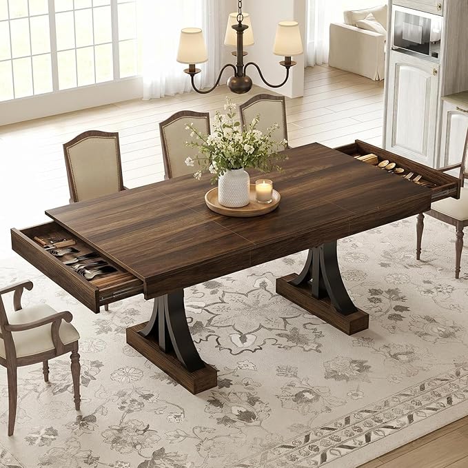 Garvee 71-Inch Dining Table with 2 Drawers,Rectangular Dining Table for 6-8 with Double Pedestal & Sturdy Frame, Industrial Wooden Kitchen Table with Large Tabletop, for Dinner, Walnut