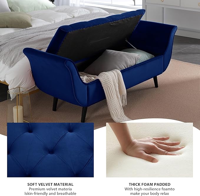 Storage Bench for Bedroom End of Bed, Velvet Upholstered Rolled Armed Button Tufted Sofa Stool Bench, Storage Ottoman Couch Long Bench with Solid Wood Legs (Navy)