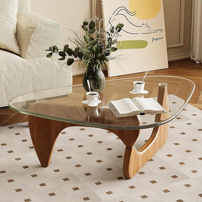 Coffee Table for Living Room Mid Century Modern Center Table with Glass Top,32 Inch, Walnut Transparent