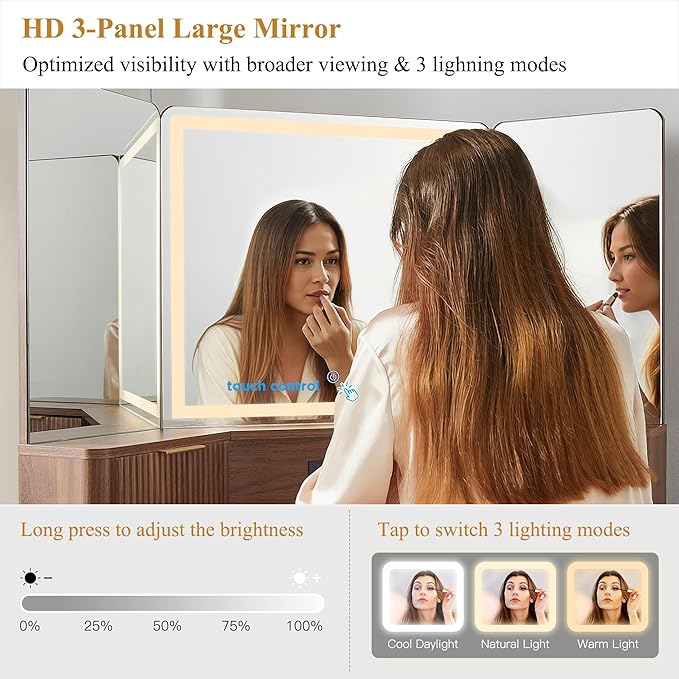 T4TREAM 48" Fluted Makeup Vanity Desk with HD Triple Mirror and Lights, Large Lighted Corner Vanity with Glass Top, Modern Dressing Table with 3 Drawers & 2 Cabinets for Bedroom, Light Walnut