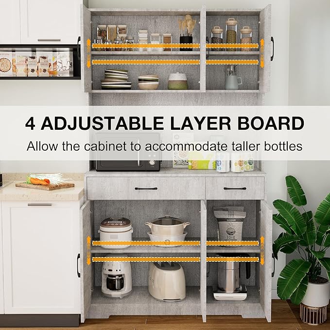 71" Kitchen Pantry Cabinet with Charging Station, Pantry Storage Cabinet Large Kitchen Hutch with Microwave Stand, Coffee Bar Station with Doors and Adjustable Shelves for Kitchen, Grey