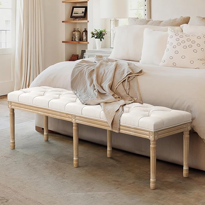 LUE BONA 60" Fabric End of Bed Bench, Upholstered Tufted French Bedroom Bench with Carved Legs for Bedroom End of King Size Bed, Living Room, Beige