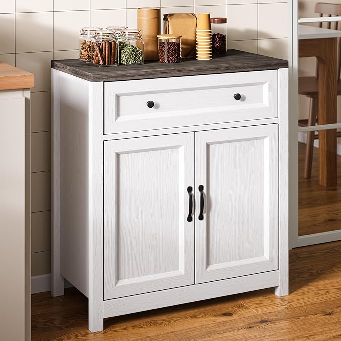 Gizoon Kitchen Storage Cabinet with Adjustable Shelf, Farmhouse Coffee Bar Sideboard Buffet with Large Drawer, Barn Door, 30"W x 15.6"D x 33.3"H Freestanding Cabinet for Kitchen, Living Room, Entryway