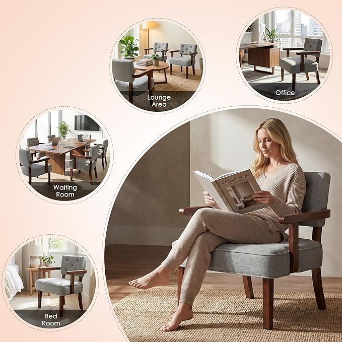 Versatile Accent Chairs Set of 2,Butacas para Sala, Modern Oversize Arm Chair, Upholstered Wooden Chairs with Arm Rest,Tufted Backrest,Cushion, for Office,Waiting/Reading/Living Room, Grey