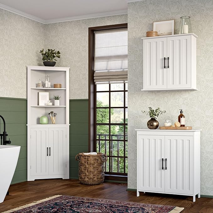 RiverRidge Monroe Two-Door Floor Storage Cabinet - Bathroom Storage Cabinet with Adjustable Shelves - Soft-Close Doors White Finish with Matte Black Handles