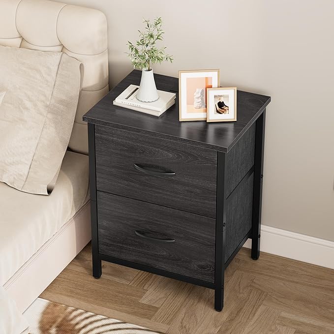 Vagusicc Nightstand with Charging Station, Bedside Table with USB Ports and Outlet, End Table Side Table with 2 Fabric Drawers for Bedroom, Living Room, Gray Walnut