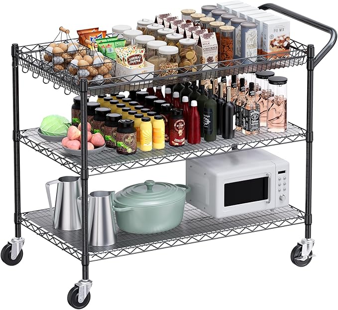WDT 1350Lbs Capacity Heavy Duty Rolling Utility Cart, NSF Rolling Carts with Wheels,Commercial Grade Metal Cart with Handle Bar & Shelf Liner,Trolley Serving Cart for Restaurant,Kitchen,Black