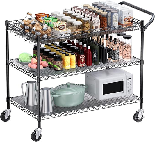WDT 1350Lbs Capacity Heavy Duty Rolling Utility Cart, NSF Rolling Carts with Wheels,Commercial Grade Metal Cart with Handle Bar & Shelf Liner,Trolley Serving Cart for Restaurant,Kitchen,Black