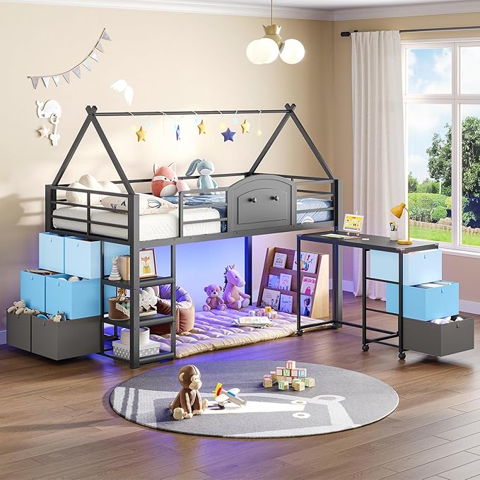 VIAGDO Twin Loft Bed with Desk and Storage for Kids, Metal Low Loft Bed Twin with 9 Drawers, 3-Tier Shelves, Led Lights, Safety Guardrail, No Box Spring Needed,Grey