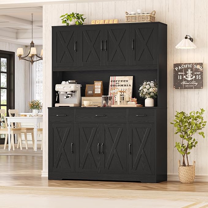 HOSTACK 71" Tall Pantry Cabinet with Charging Station, 55" Wide Kitchen Pantry Storage Cabinet with Countertop, Large Kitchen Hutch with Storage Drawers for Dining Room, Black Wood Grain
