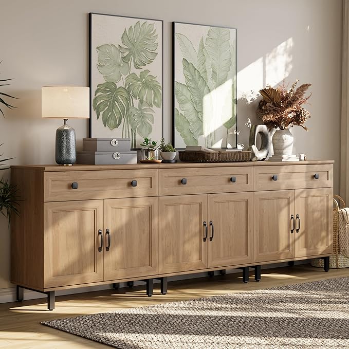 FENSULN Buffet Sideboard Cabinet Farmhouse 3 in 1 Modern Storage Cabinet with Drawer and Doors for Kitchen, Coffee Bar, Living Room, Oak
