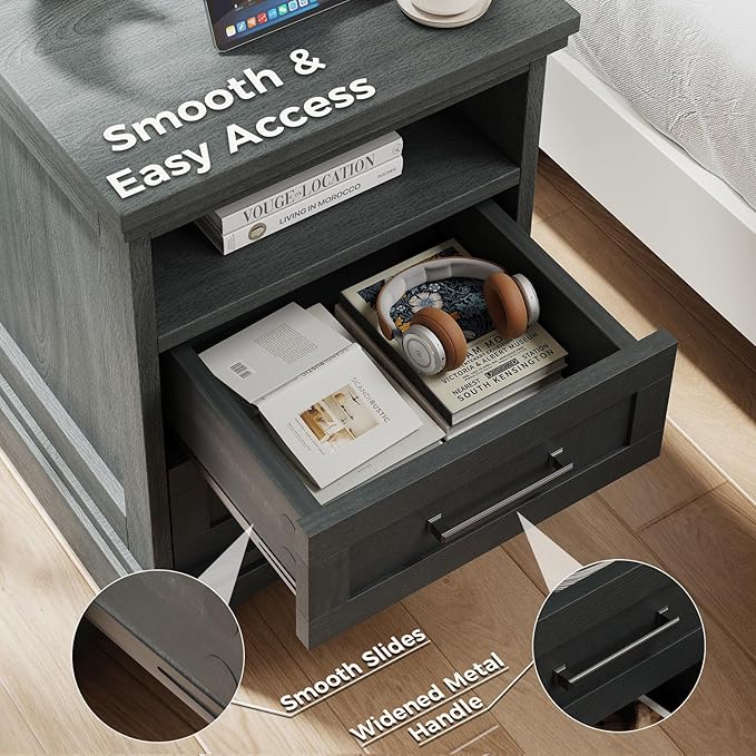 DUMOS Nightstand with Charging Station, Wood Farmhouse Bedside Table with 2 Drawers and Open Shelf, Wood End Table, Modern Side Table for Bedroom, Black