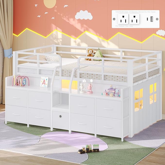 Dnxao Low Loft Bed Twin with 9 Drawers 2 Storage Bookcases,Twin Bed Frame for Kids with LED Lights and Charging Station,Twin Loft Bed with 15" H Safety Guardrail for Small Bedroom,White