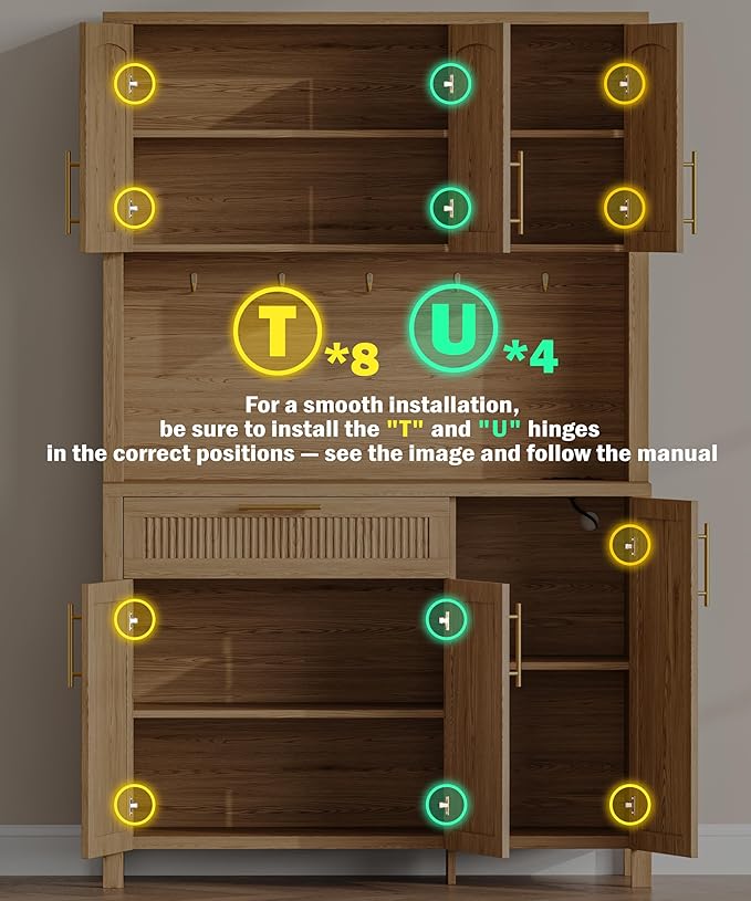Fluted Kitchen Pantry Storage Cabinet with Charging Station, Coffee Bar Cabinet with Drawer & Adjustble Shelves, Tall Kitchen Hutch Cabinet with Microwave Stand, for Dining Room, Natural Oak