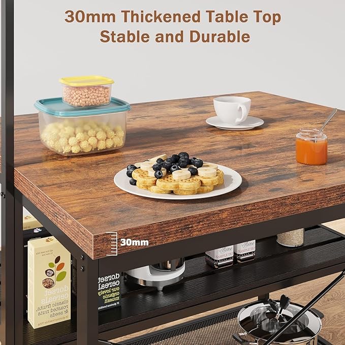 GarveeHome Kitchen Island with Storage, 42''Island Table for Kitchen with Seating Bakers Rack Microwave Oven Stand Shelf with 3 Tier Storage Shelf for Dining Room Living Room, 5 Hooks 42"*28"*72"