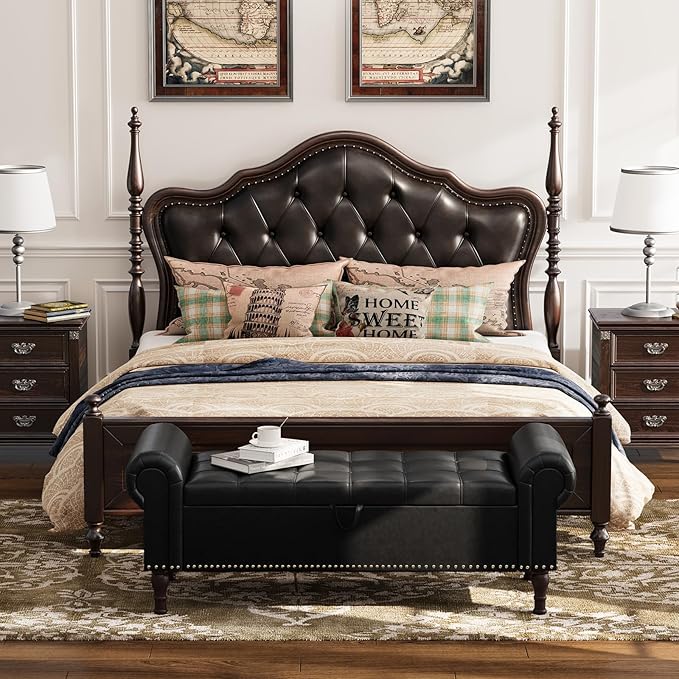 Apicizon 51” Bench with Storage, Queen Size Faux Leather End of Bed Bench with Tufted Button, Ottoman Bench with Rolled Arms & Vintage Rivets for Foot of Bed, Living Room, Entrance, Black