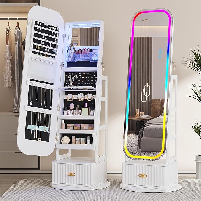 360° Swivel Jewelry Cabinet with Lights - RGB Vanity Mirror | Rotatable Full Length Mirror with Jewelry Storage, Standing Jewelry Armoire Organizer, Foldable Makeup Shelf, White (White)