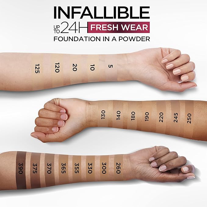 L'Oreal Paris Makeup Infallible Fresh Wear Foundation in a Powder, Up to 24H Wear, Waterproof, Copper, 0.31 oz. (Packaging May Vary)