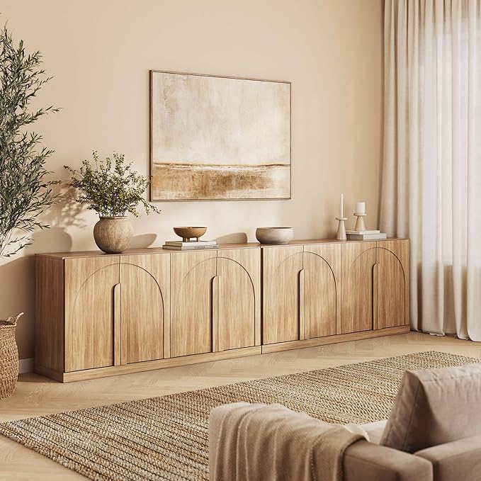 BELLEZE Set of 2 Bijou 64" Modern Buffet Sideboard, Mid-Century Arch Carved Wood Door Cabinet, Textured Storage Console for 75 inch TV, Living Room, Dining Room, Entryway - Camel