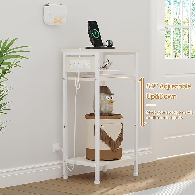Asgolion Tall End Table with Charging Station, 3 Tier Narrow Tall Nightstand with Storage, Slim Side Table for Bedroom, Living Room, Nursery, Office, Cream White