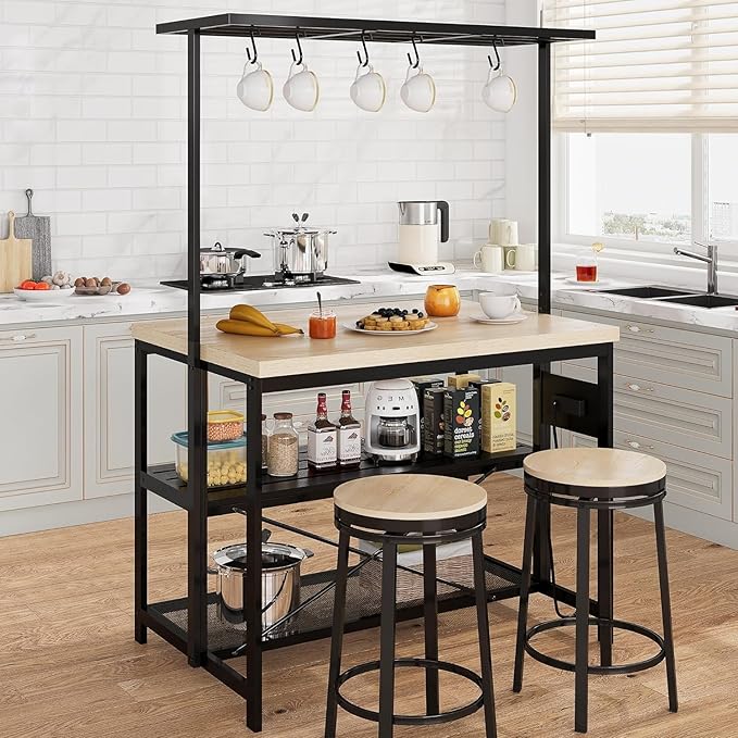 GarveeHome 47 in Versatile Kitchen Island with Storage – Durable Wood & Steel Design, Microwave Shelf, 3-Tier Open Shelves, 5 Hooks (47 in x28 in x72 in)