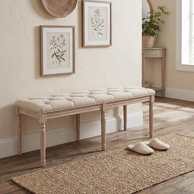 Giantex 47.5-inches Upholstered Dining Bench, 2-Pack Button-Tufted Table Bench with Carved Rubber Wood Legs, Padded Seat, Load 440Lbs, Vintage End of Bed Ottoman for Entryway, Living Room, Bedroom