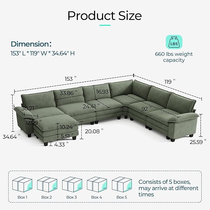 LINSY HOME Modular Sectional Sofa, 6-Seat Corduroy Modern Cloud Couch with Deep Seat & 1 Movable Ottoman, Perfect for Living Room, Office, Bedroom, Green