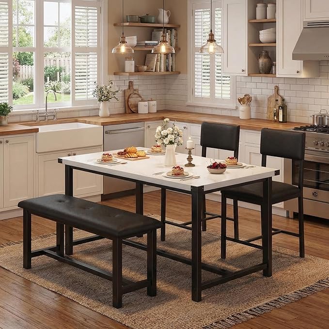 GarveeHome Dining Table Set for 4, Kitchen Table with 2 Upholstered Chairs and Bench, Wood Kitchen Dining Room Set, for Small Space, Apartment, Home, Kitchen, Marble White