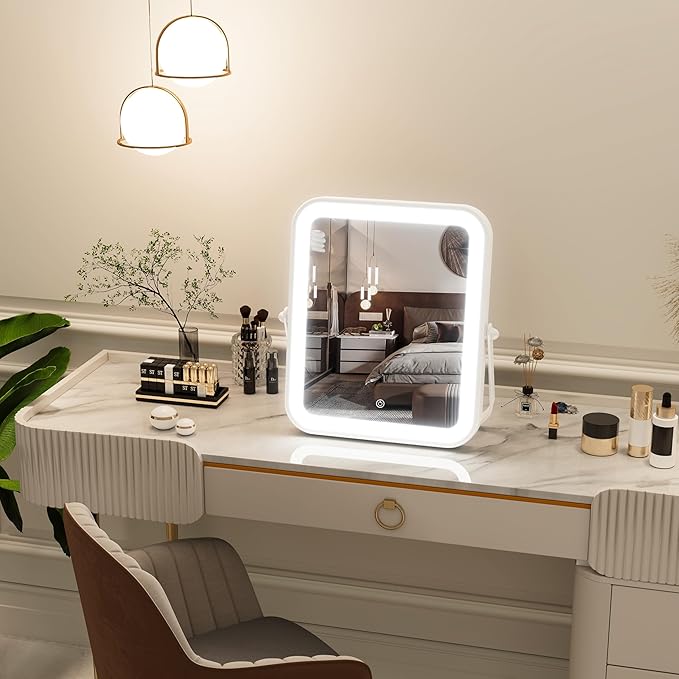 PRIMETEK Travel Makeup Mirror with Lights, Portable Small Beauty LED Vanity Mirror with Lights, Dimmable Touch Screen, Tabletop Folding Compact Mirror,Women Gift