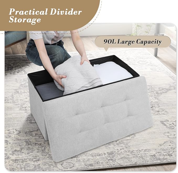Athena Collection Linen Ottoman with Storage, 30 Inches Large Storage Ottoman Bench with 90L Storage, End of Bed Bench Foot Rest for Living Room, Bedroom, Entry, Light Grey