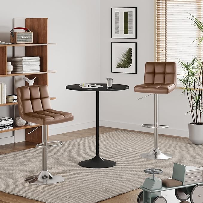 Furmax Bar Stools Modern Pu Leather Swivel Adjustable Hydraulic Bar Stool Square Counter Height Stool Set of 2 (Brown)