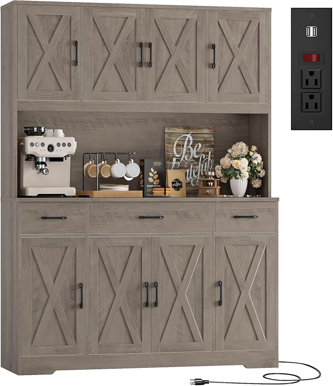 HOSTACK 71" Tall Pantry Cabinet with Charging Station, 55" Wide Kitchen Pantry Storage Cabinet with Countertop, Large Kitchen Hutch with Storage Drawers and Microwave Stand for Dining Room, Ash Grey
