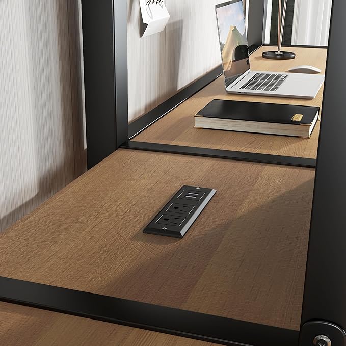 Harper & Bright Designs Twin Over Twin Loft Bed with Desk and Shelves, Metal Loft Bed with Wardrobe and Charging Station for Kids Teens, Space Saving, Noise Reduction, Black+Nature