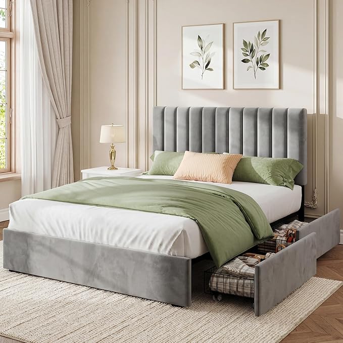 Welzona Queen Upholstered Bed Frame with 4 Storage Drawers, Velvet Upholstered Metal Platform Bed with Vertical Tufted Headboard, 3-Level Height, Metal Slat Support, Noise-Free Easy Assembly, Grey