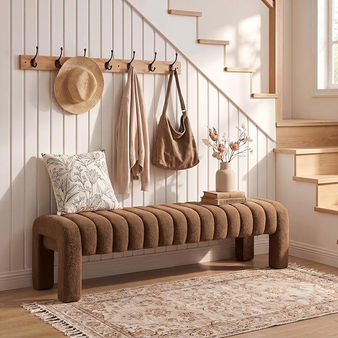 63’’ Bedroom Bench, Upholstered End of Bed Bench with Solid Wood Legs, Modern Cushioned Dining Bench with Full Covered Fabrics for Entryway, Bedroom, Living Room (Rust Brown, Boucle)