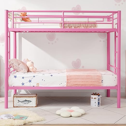 VECELO Metal Bunk Bed Twin Over Twin, Industrial Bunkbeds with Ladder and Full-Length Guardrail, Noise Free, No Boxing Spring Needed, Pink