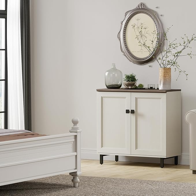 FENSULN Multifunctional Buffet Sideboard Cabinet Farmhouse Modern Storage Cabinet with Adjustable Shelves for Kitchen, Coffee Bar, Living Room, White