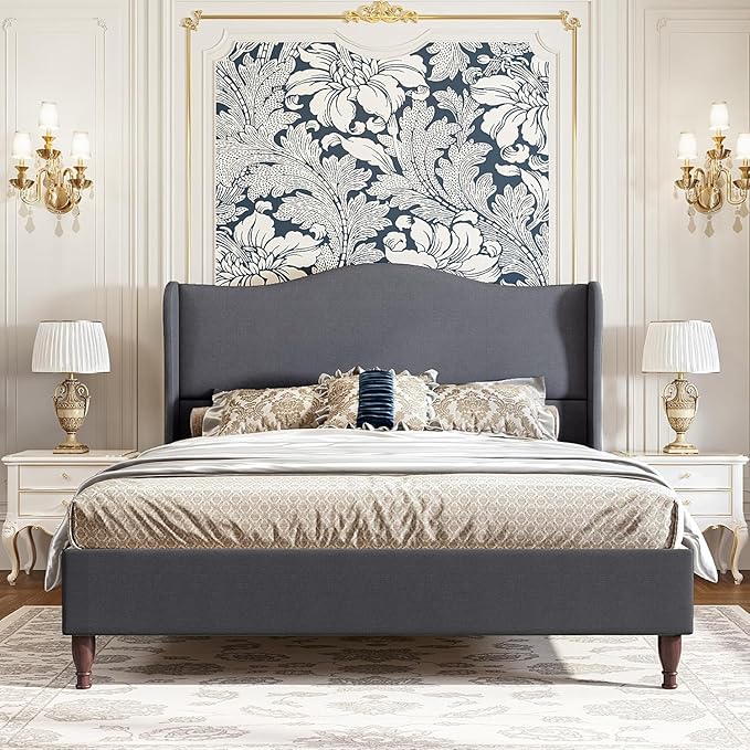 koorlian King Size Bed Frame Upholstered Platform Bed with 51" Tall Headboard Wingback, Soft Fabric, Retro Simple Style Platform Bed No Box Spring Needed, Easy Assembly, Grey