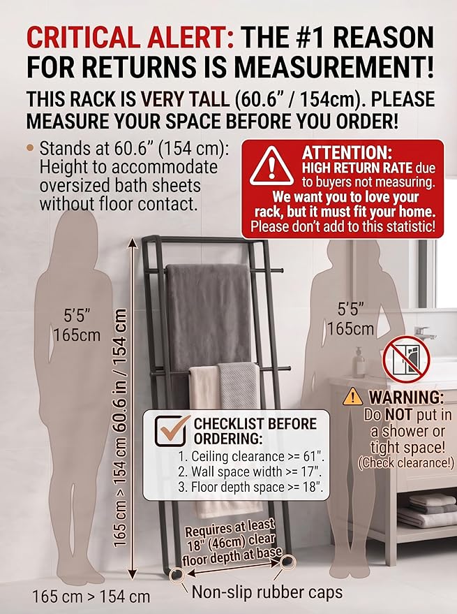 CANYAVE Metal Leaning Ladder Towel Rack, 4-Tier Blanket Stand for Bathroom Living Room, No Drilling Quilt Storage Organizer (Matte Black)
