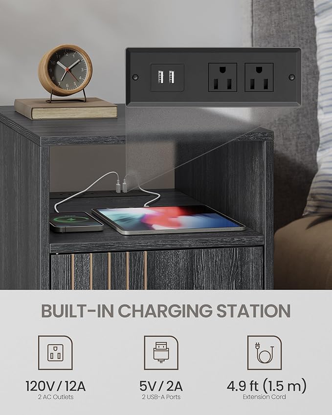 VASAGLE MAEZO Collection - End Table with Charging Station, Narrow Side Table, Nightstand with Tapered Legs, Curved Transitions, for Small Spaces, Living Room, Bedroom, Charcoal Gray ULET329B101S