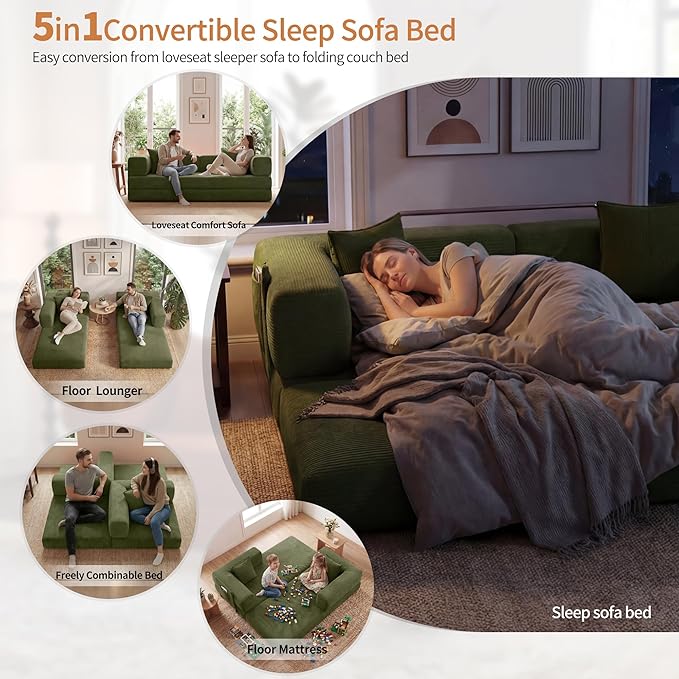 78.8" Convertible Sofa Bed with Armrest Pillow, 4-in-1 Sleeper Couch Bed for Livingroom, Modular Corduroy Boneless couches, No Assembly (Green)
