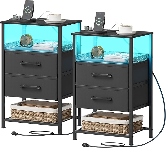 JARHETUN Nightstand Set of 2 with Charging Station, Night Stands with LED Lights, 26.4 Inch Tall Bedside Table with Metal Shelf, Side Table with 2 Fabirc Drawers for Bedroom, Black