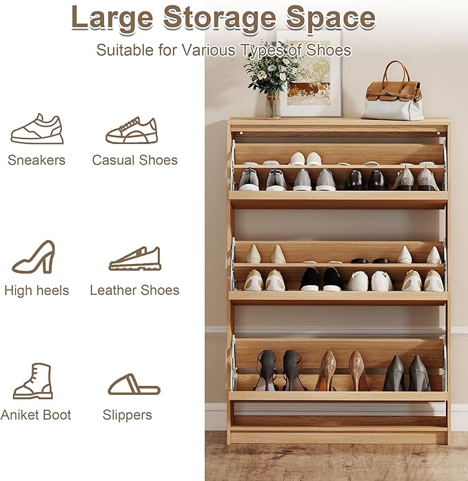 Shoe Cabinet with 3 Flip Drawers, 31.5" W Narrow Shoe Storage Cabinet for Entryway, Slim Shoe Organizer with Adjustable Shelves, Freestanding Shoe Rack for Hallway, Living Room, Oak