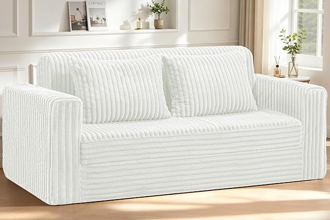 HABUTWAY 78" Loveseat Boneless Couch, 4-in-1 Convertible Sofa Bed, Plush Fur Folding Futon Sofa Bed Couches with 2 Pillows for Living Room, High-Density Foam Support, No Assembly Required, Beige