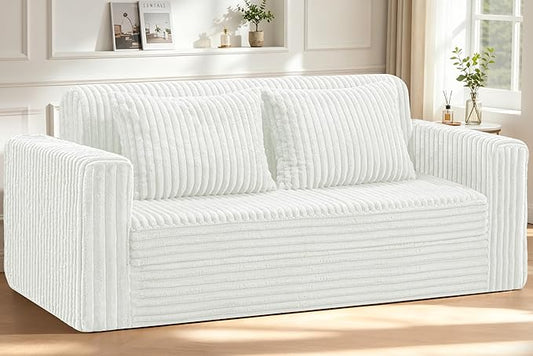 HABUTWAY 78" Loveseat Boneless Couch, 4-in-1 Convertible Sofa Bed, Plush Fur Folding Futon Sofa Bed Couches with 2 Pillows for Living Room, High-Density Foam Support, No Assembly Required, Beige