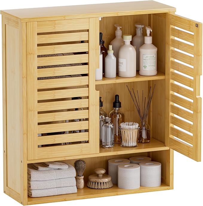 SMIBUY Bathroom Cabinet Wall Mounted, Bamboo Over-The-Toilet Storage Organizer, Space Saver Medicine Cabinet with 2 Door and Adjustable Shelves (Natural)