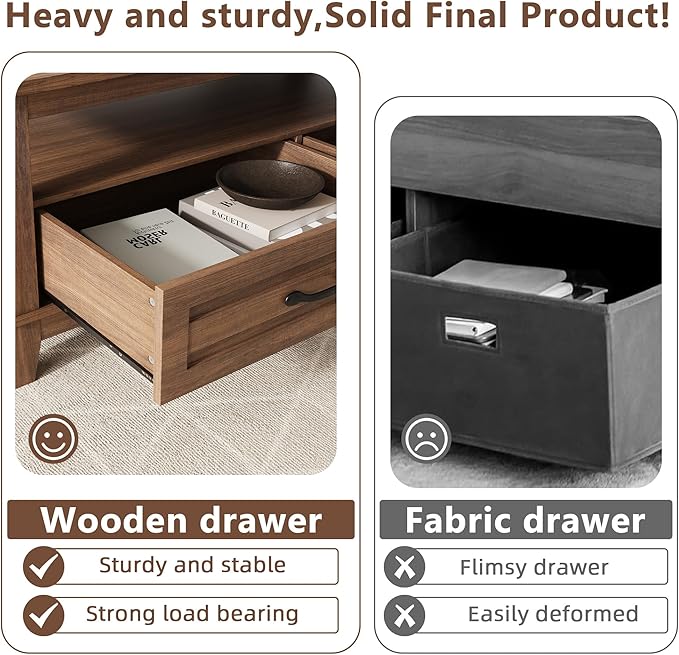 IDEALHOUSE Brown Coffee Table with Drawers, 47.2” Rustic Center Table with Open Shelf and 6 Support Legs, Large Living Room Table with Storage